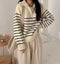 Heavy Knitted Collar Zip Stripes Pullover